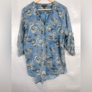 Blue Relaxed Button Down Blouse zip collar pulltab sleeve size 1x